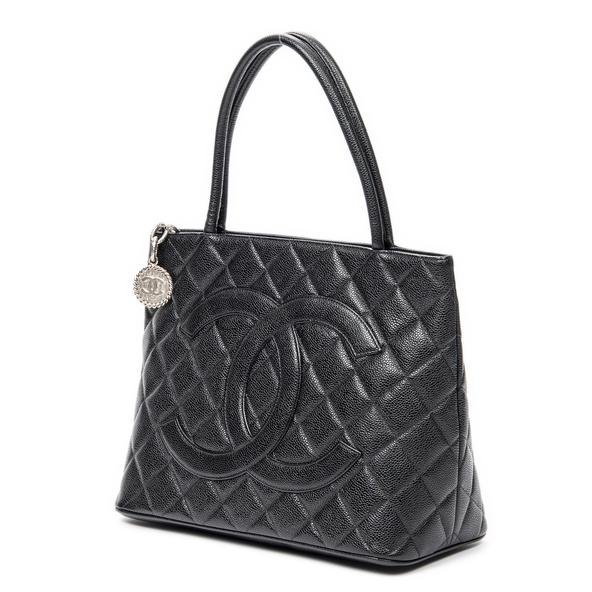 Chanel Black Quilted Caviar Timeless Medallion Tote Silver Hardware, 2000 (Very Good)-2002, Womens Handbag