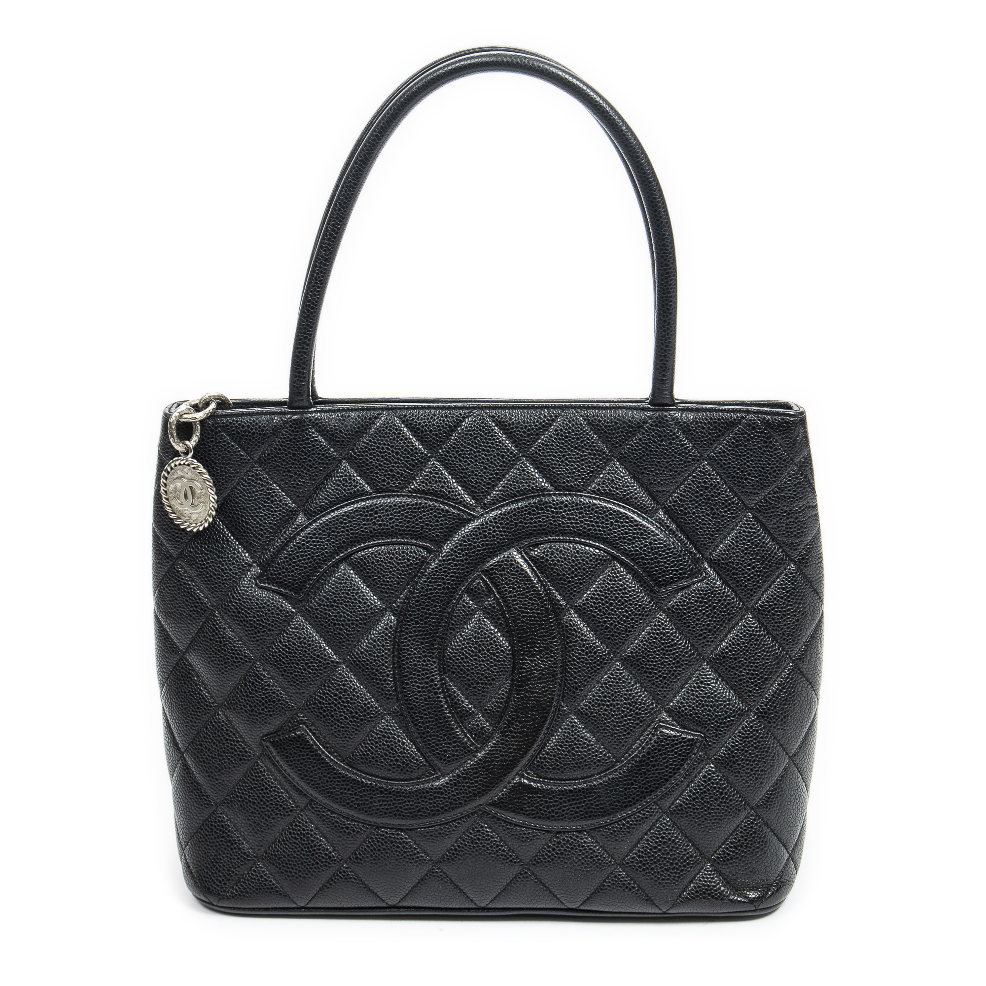 CHANEL Black Quilted Caviar Leather Medallion Tote Bag